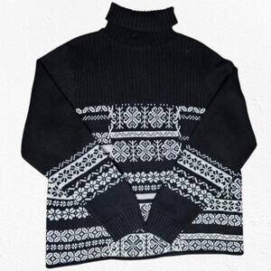 Y2K Black White Faux Patchwork Fair Isle Heavy Knit Turtleneck Sweater Size XL
